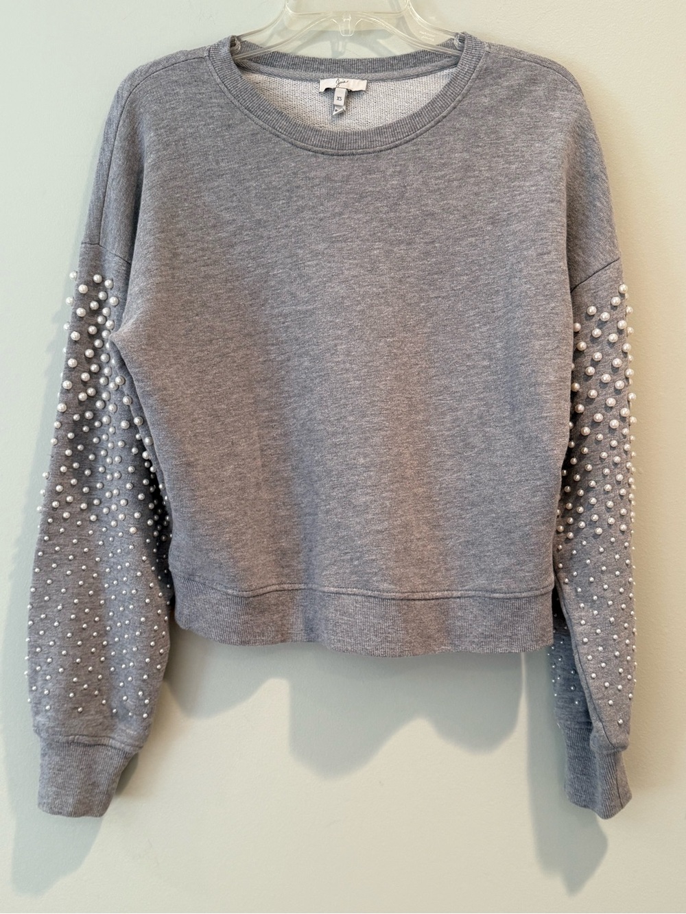 Joie XS Gray Pearl-Embellished Crewneck Sweatshirt crop